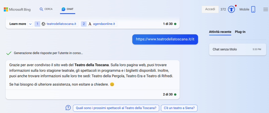 La pagina Web del teatro della Toscana viene descritta in maniera coerente rispetto agli obiettivi seo da copilot di Microsoft